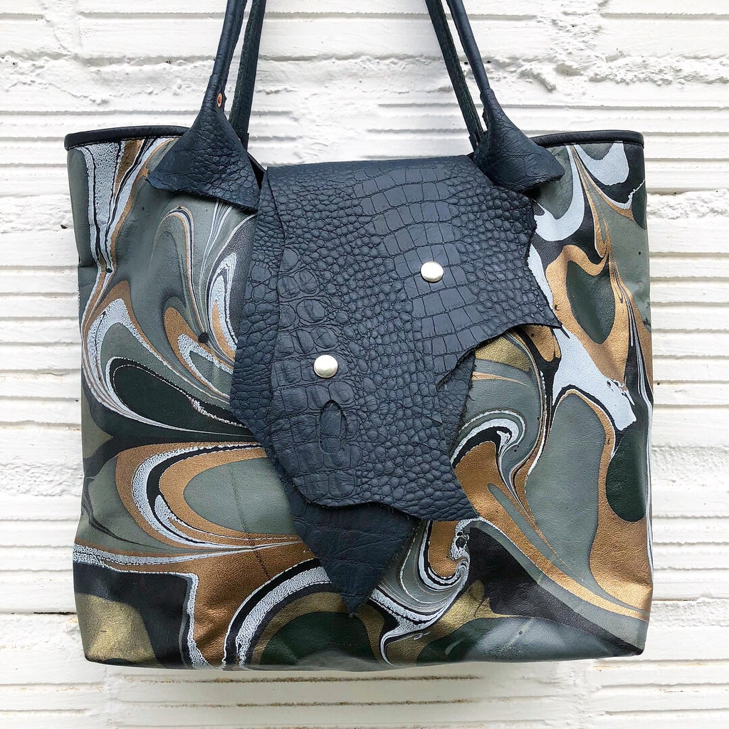 Gold & White Small Tote with Lizard Flap - No One Alike